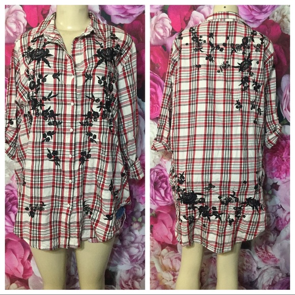 Zara Tops - ZARA Women’s Plaid Dress Shirt Embroidered Size L